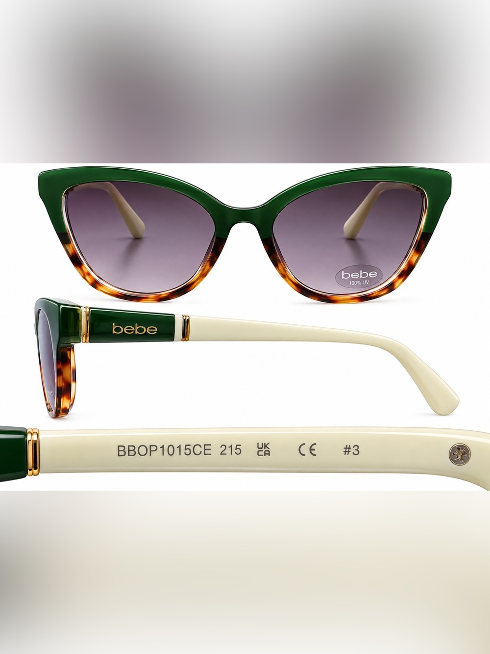 bebe Green & Tortoise Cat-Eye Sunglasses with Cream Temples (No Case)